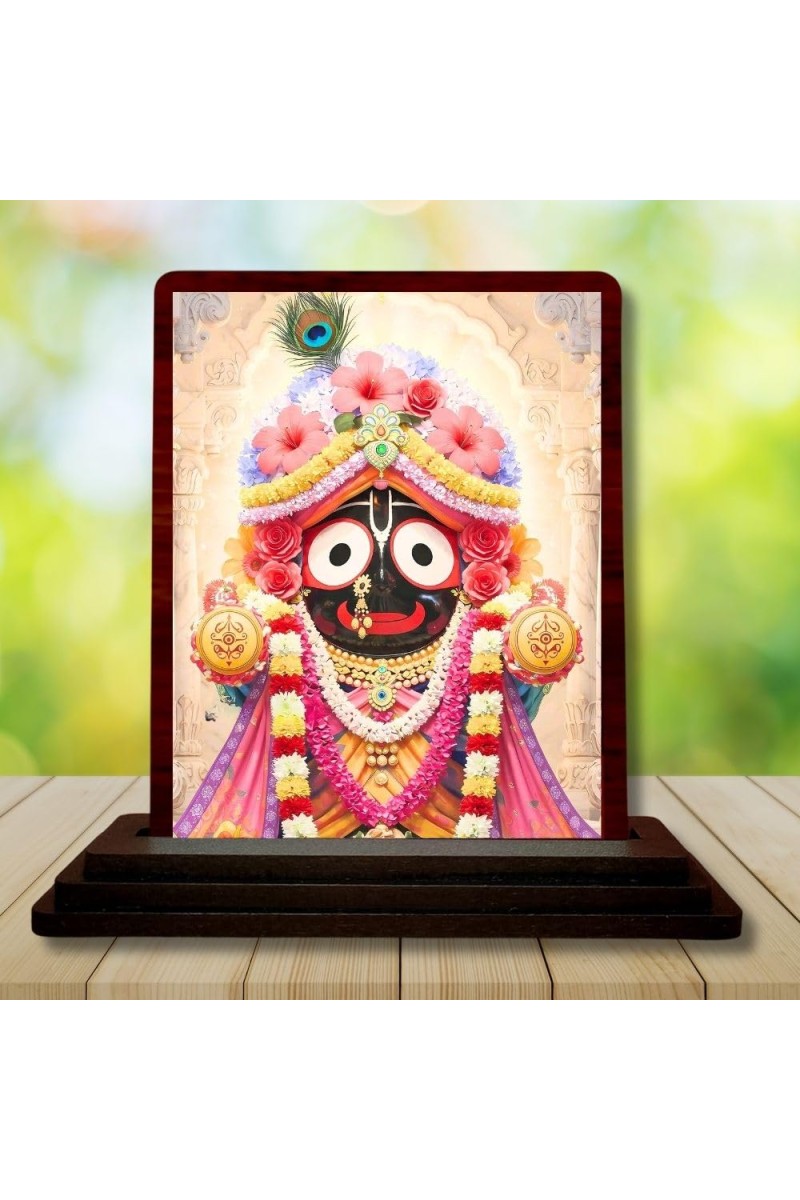 Car Desk/Table Top Lord Jagannath Wooden Photo Stand 3x4 Inches, Compact & Stylish Spiritual Display For Car, Home & Office (Pack Of 1) (F14598)