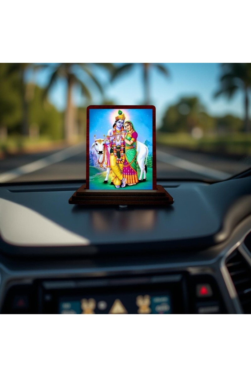 Car Desk/Table Top Radha Krishna Wooden Photo Stand 3x4 Inches, Compact & Stylish Spiritual Display For Car, Home & Office (Pack Of 1) (F14213)