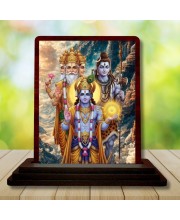 Car Desk/Table Top Lord Bramha Vishnu Shiva Wooden Photo Stand 3x4 Inches, Compact & Stylish Spiritual Display For Car, Home & Office (Pack Of 1) (F14289)