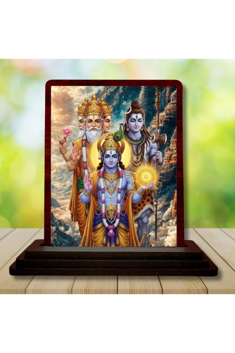 Car Desk/Table Top Lord Bramha Vishnu Shiva Wooden Photo Stand 3x4 Inches, Compact & Stylish Spiritual Display For Car, Home & Office (Pack Of 1) (F14289)