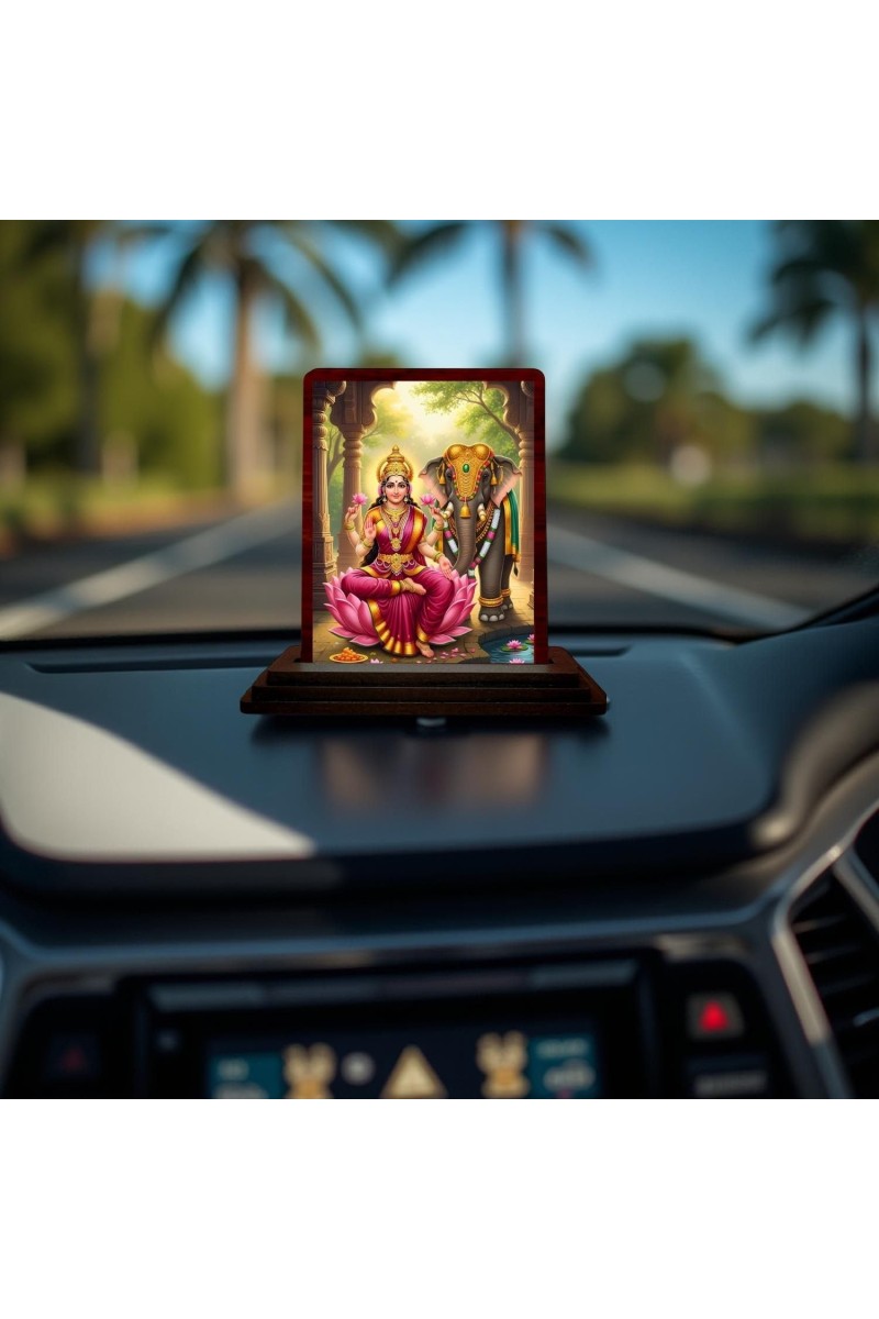 Car Desk/Table Top Goddess Lakshmi Wooden Photo Stand 3x4 Inches, Compact & Stylish Spiritual Display For Car, Home & Office (Pack Of 1) (F14168)
