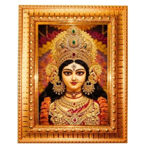 Saraswati Maa Golden Designer Photo Frame | 10x14 Inch Religious Wall Hanging Frame For Home & Office Decoration | Hindu Deity Spiritual Gift Item