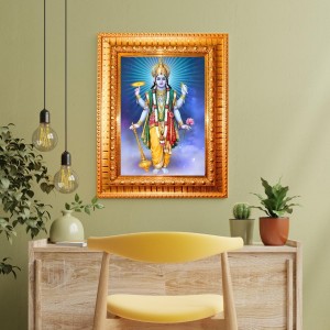 Lord Vishnu Golden Designer Photo Frame | 12x16 Inch Religious Wall Hanging Frame For Home & Office Decoration | Hindu Deity Spiritual Gift Item