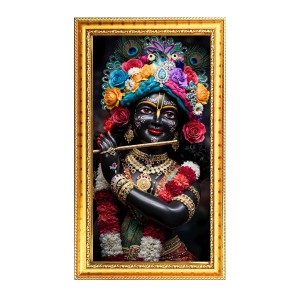 Divine Krishna Digital Golden Color Photo Frame | Hindu Religious Wall Decor | 8x15 Inches - Inspirational Wall Art For Office, Home Decor - Ideal Spiritual Gift (F10236)