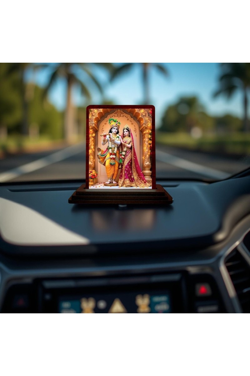 Car Desk/Table Top Radha Krishna Wooden Photo Stand 3x4 Inches, Compact & Stylish Spiritual Display For Car, Home & Office (Pack Of 1) (F14220)