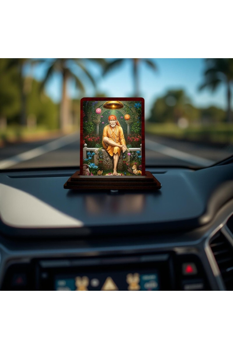 Car Desk/Table Top Lord Saibaba Wooden Photo Stand 3x4 Inches, Compact & Stylish Spiritual Display For Car, Home & Office (Pack Of 1) (F14322)