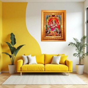 Goddess Durga Golden Designer Photo Frame | 18x22 Inch Religious Wall Hanging Frame For Home & Office Decoration | Hindu Deity Spiritual Gift Item