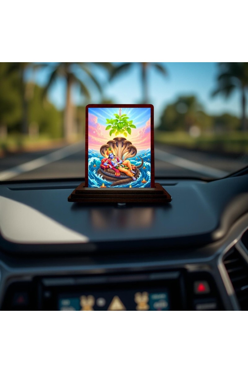 Car Desk/Table Top Lord Vishnu And Lakshmi Wooden Photo Stand 3x4 Inches, Compact & Stylish Spiritual Display For Car, Home & Office (Pack Of 1) (F14302)