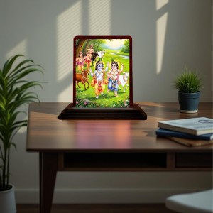 Car Desk/Table Top Lord Krishna Wooden Photo Stand 3x4 Inches, Compact & Stylish Spiritual Display For Car, Home & Office (Pack Of 1) (F14547)