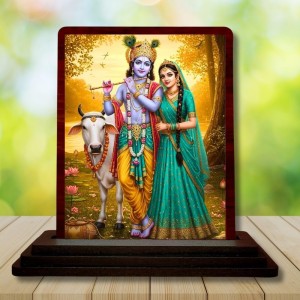 Car Desk/Table Top Lord Krishna And Radha Wooden Photo Stand 3x4 Inches, Compact & Stylish Spiritual Display For Car, Home & Office (Pack Of 1) (F14386)