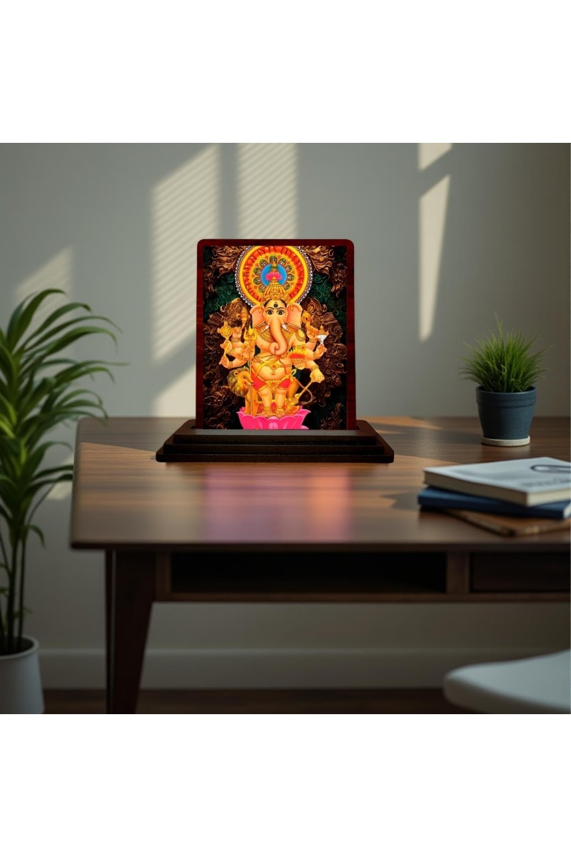 Car Desk/Table Top Lord Ganesha Wooden Photo Stand 3x4 Inches, Compact & Stylish Spiritual Display For Car, Home & Office (Pack Of 1) (F15075)