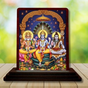 Car Desk/Table Top Bramha Vishnu Shiva Wooden Photo Stand 3x4 Inches, Compact & Stylish Spiritual Display For Car, Home & Office (Pack Of 1) (F14248)