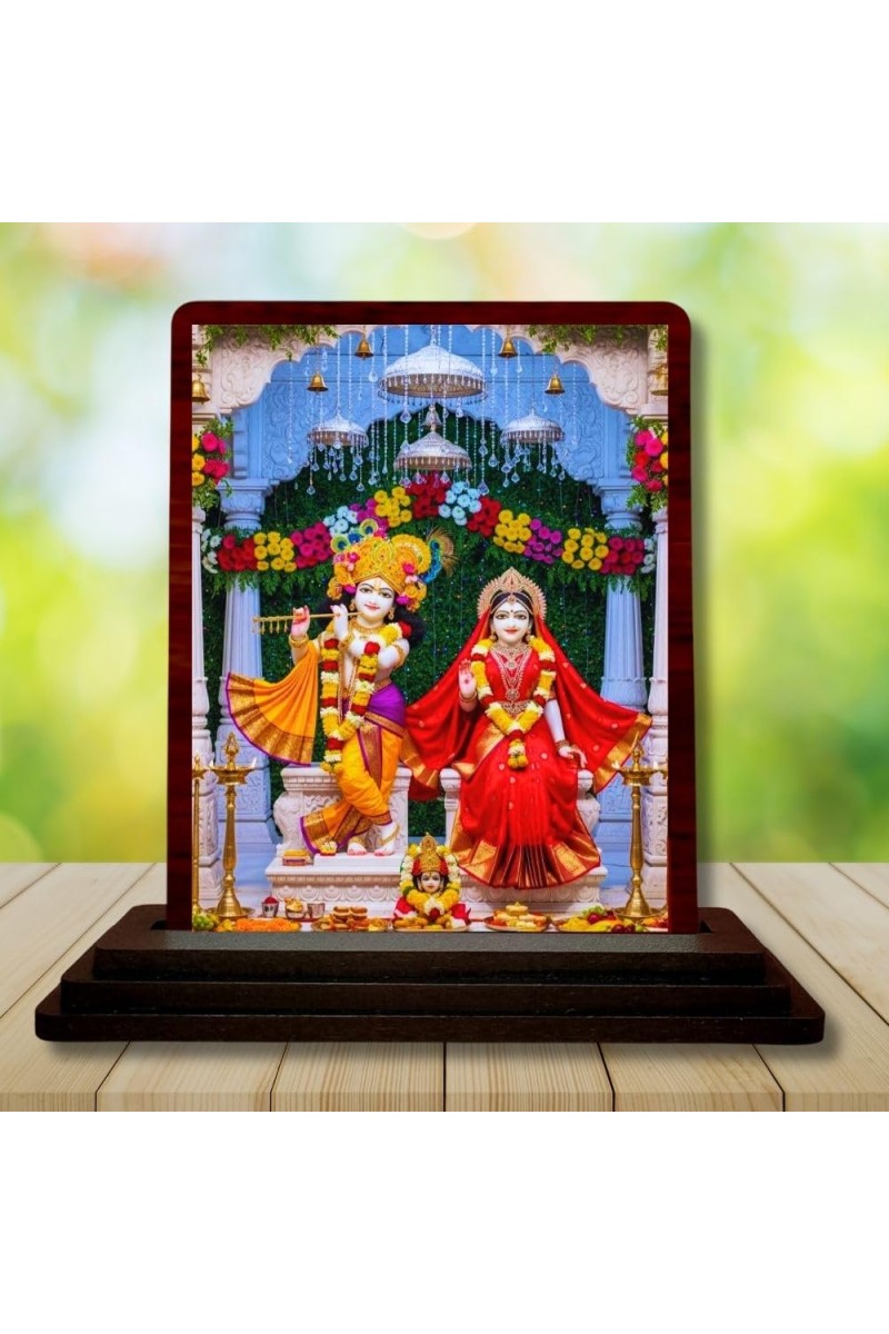 Car Desk/Table Top Lord Krishna Radha Wooden Photo Stand 3x4 Inches, Compact & Stylish Spiritual Display For Car, Home & Office (Pack Of 1) (F14179)