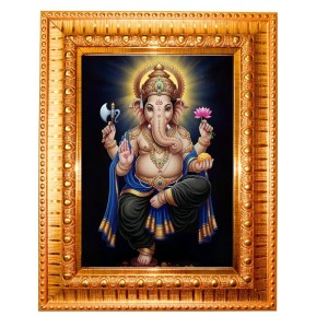 Lord Ganesh Golden Designer Photo Frame | 10x14 Inch Religious Wall Hanging Frame For Home & Office Decoration | Hindu Deity Lord Ganesh Spiritual Gift Item