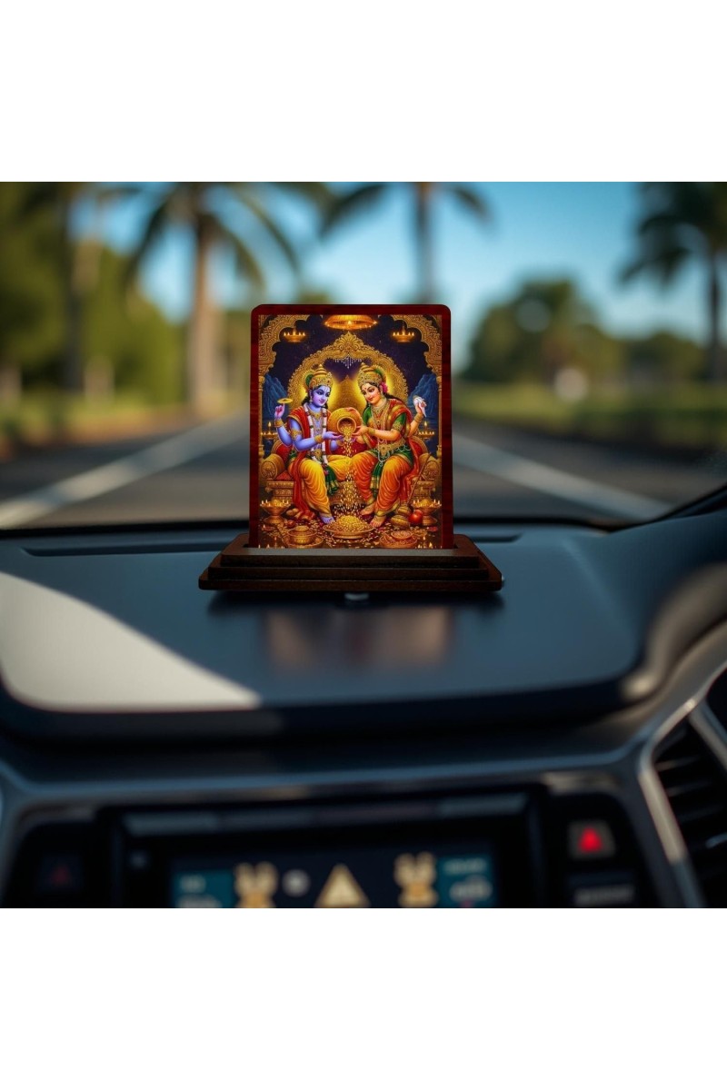 Car Desk/Table Top Lord Vishnu Lakshmi Wooden Photo Stand 3x4 Inches, Compact & Stylish Spiritual Display For Car, Home & Office (Pack Of 1) (F14191)