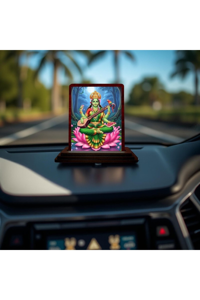 Car Desk/Table Top Goddess Saraswathi Wooden Photo Stand 3x4 Inches, Compact & Stylish Spiritual Display For Car, Home & Office (Pack Of 1) (F14647)