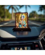 Car Desk/Table Top Lord Little Krishna Wooden Photo Stand 3x4 Inches, Compact & Stylish Spiritual Display For Car, Home & Office (Pack Of 1) (F14232)