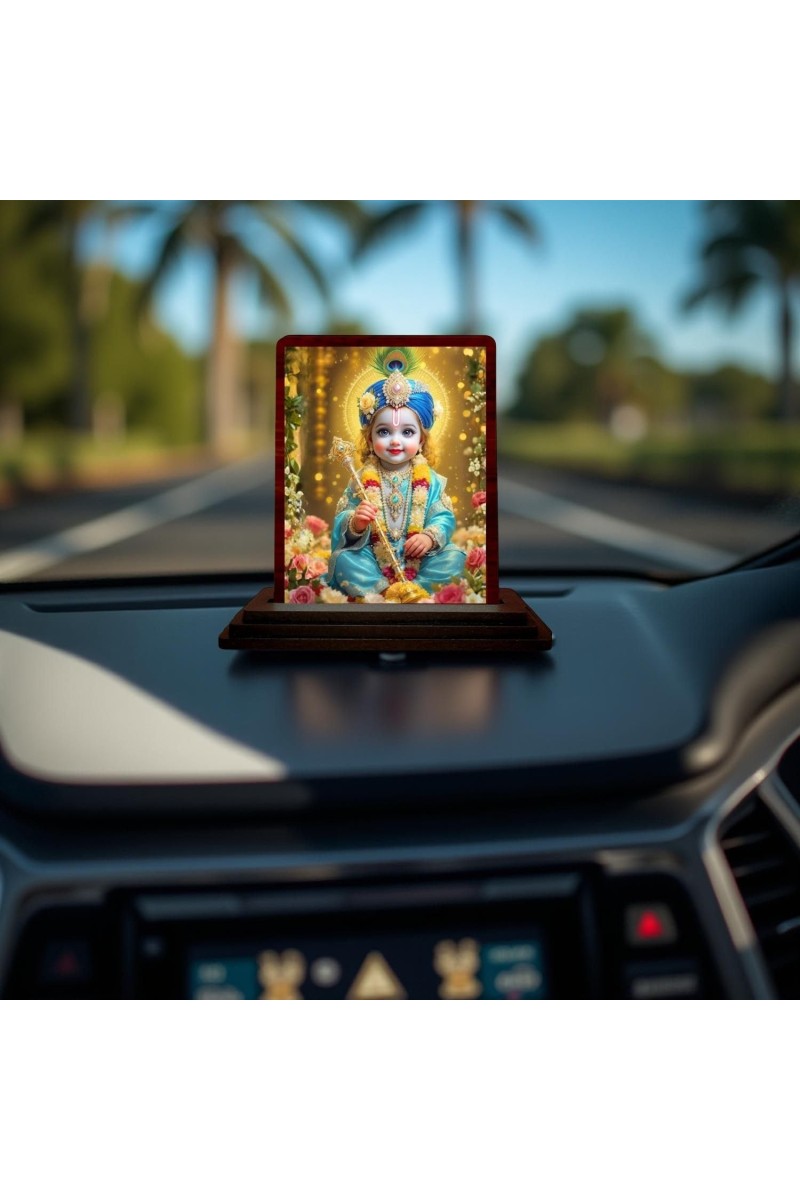 Car Desk/Table Top Lord Little Krishna Wooden Photo Stand 3x4 Inches, Compact & Stylish Spiritual Display For Car, Home & Office (Pack Of 1) (F14232)