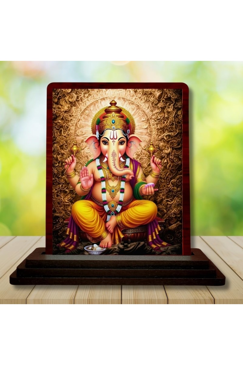 Car Desk/Table Top Lord Ganesha Wooden Photo Stand 3x4 Inches, Compact & Stylish Spiritual Display For Car, Home & Office (Pack Of 1) (F15076)