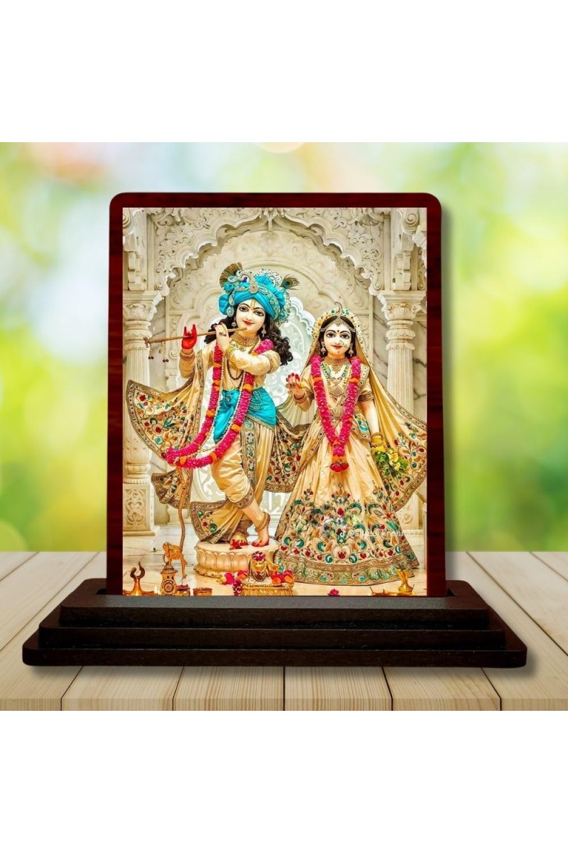 Car Desk/Table Top Radha Krishna Wooden Photo Stand 3x4 Inches, Compact & Stylish Spiritual Display For Car, Home & Office (Pack Of 1) (F14221)