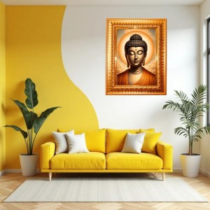 Lord Buddha Golden Designer Photo Frame | 16x20 Inch Religious Wall Hanging Frame For Home & Office Decoration | Hindu Deity Spiritual Gift Item