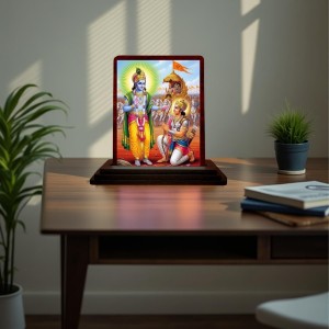 Car Desk/Table Top Lord Krishna And Arjuna Wooden Photo Stand 3x4 Inches, Compact & Stylish Spiritual Display For Car, Home & Office (Pack Of 1) (F14293)
