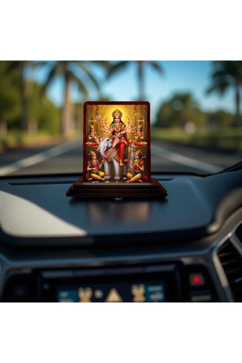 Car Desk/Table Top Goddess Durga Wooden Photo Stand 3x4 Inches, Compact & Stylish Spiritual Display For Car, Home & Office (Pack Of 1) (F14170)