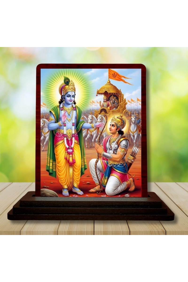Car Desk/Table Top Lord Krishna Arjuna Wooden Photo Stand 3x4 Inches, Compact & Stylish Spiritual Display For Car, Home & Office (Pack Of 1) (F14249)