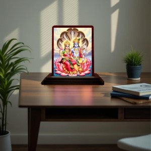 Car Desk/Table Top Lord Vishnu Lakshmi Wooden Photo Stand 3x4 Inches, Compact & Stylish Spiritual Display For Car, Home & Office (Pack Of 1) (F14558)