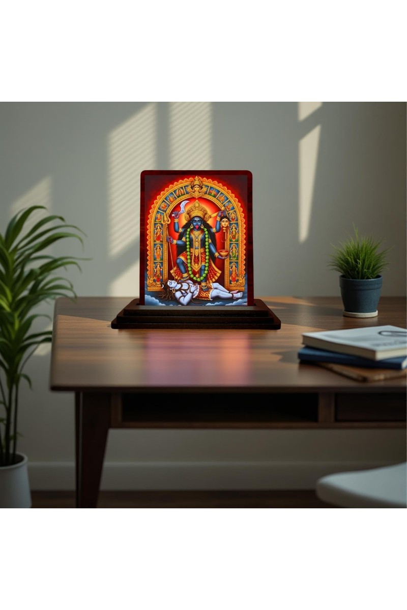 Car Desk/Table Top Maa Kali Wooden Photo Stand 3x4 Inches, Compact & Stylish Spiritual Display For Car, Home & Office (Pack Of 1) (F15093)