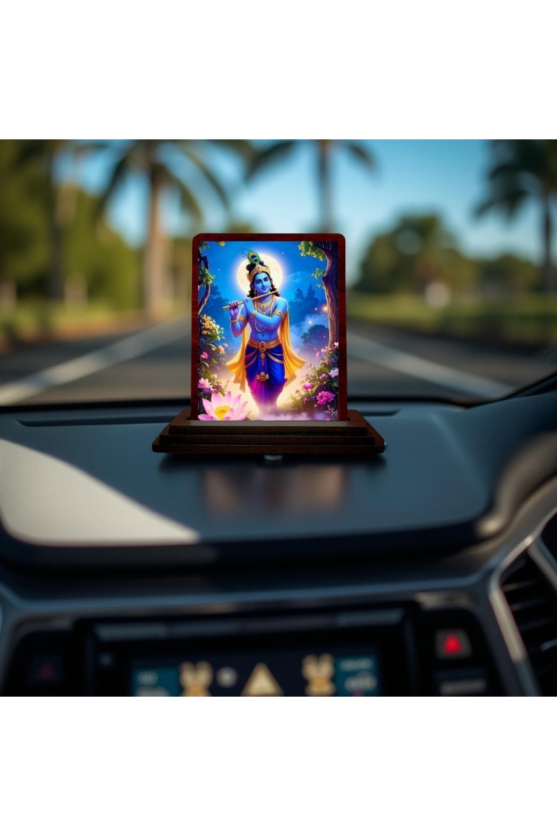 Car Desk/Table Top Lord Krishna Wooden Photo Stand 3x4 Inches, Compact & Stylish Spiritual Display For Car, Home & Office (Pack Of 1) (F14291)