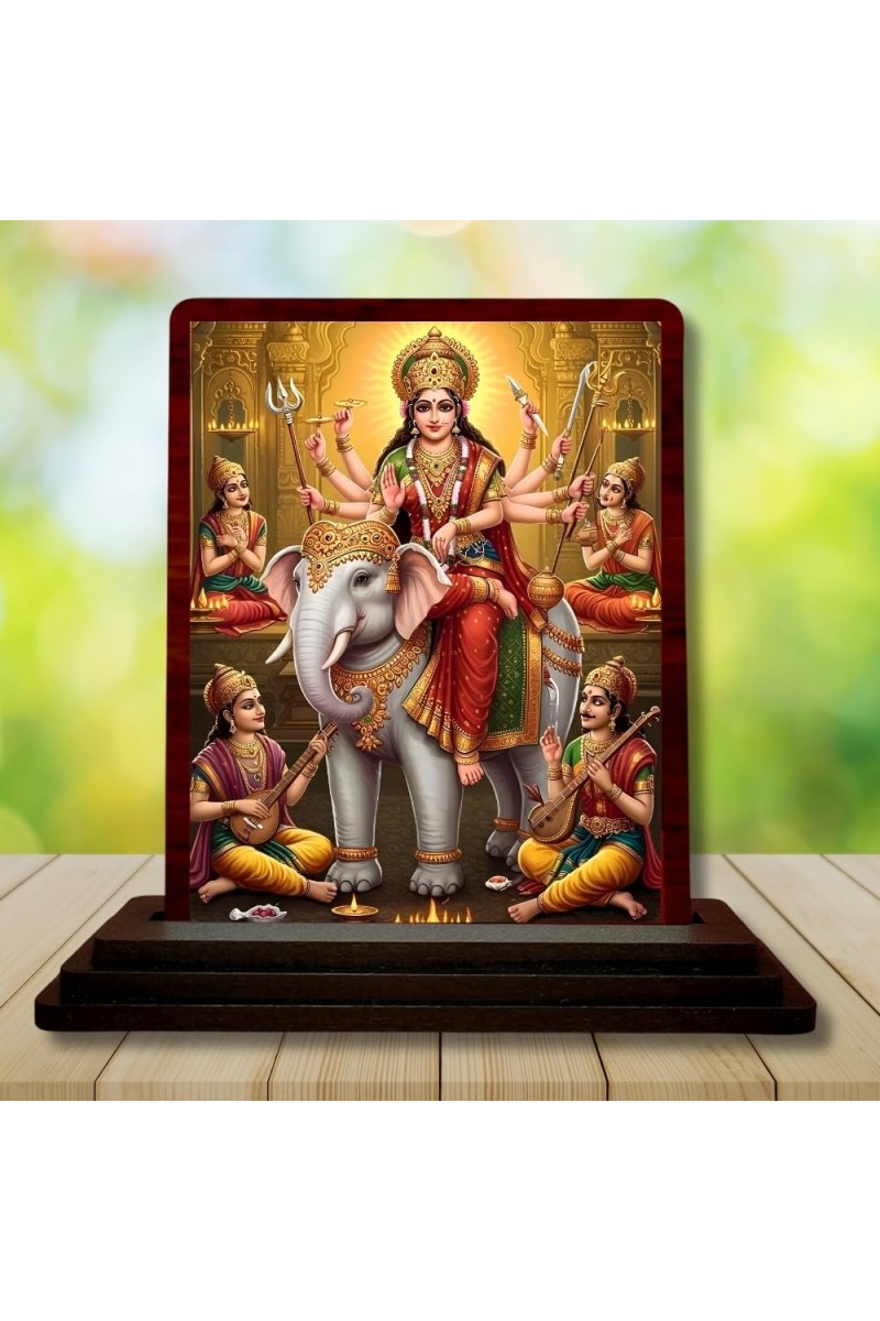 Car Desk/Table Top Maa Durga Wooden Photo Stand 3x4 Inches, Compact & Stylish Spiritual Display For Car, Home & Office (Pack Of 1) (F15060)