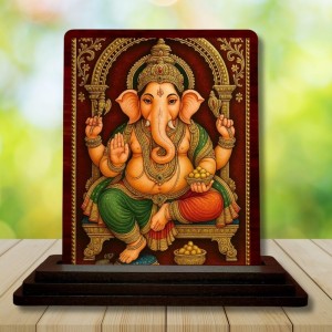 Car Desk/Table Top Lord Ganapathi Wooden Photo Stand 3x4 Inches, Compact & Stylish Spiritual Display For Car, Home & Office (Pack Of 1) (F14241)