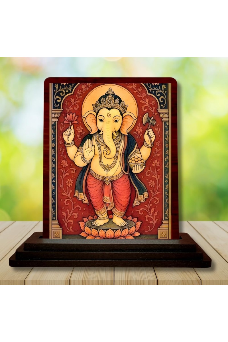 Car Desk/Table Top Lord Ganesha Wooden Photo Stand 3x4 Inches, Compact & Stylish Spiritual Display For Car, Home & Office (Pack Of 1) (F15164)