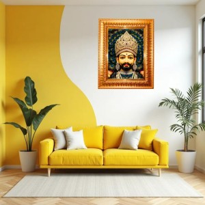 Khatu Shyam Ji Golden Designer Photo Frame | 18x22 Inch Religious Wall Hanging Frame For Home & Office Decoration | Hindu Deity Spiritual Gift Item