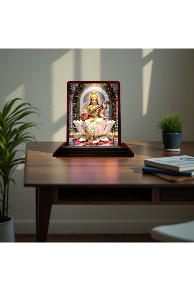 Car Desk/Table Top Maa Sarswati Wooden Photo Stand 3x4 Inches, Compact & Stylish Spiritual Display For Car, Home & Office (Pack Of 1) (F15069)