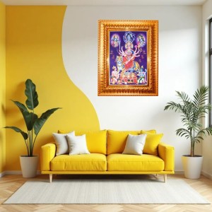 Goddess Durga Golden Designer Photo Frame | 12x16 Inch Religious Wall Hanging Frame For Home & Office Decoration | Hindu Deity Spiritual Gift Item