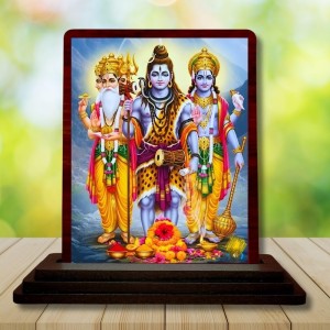Car Desk/Table Top Bramha Shiva Vishnu Wooden Photo Stand 3x4 Inches, Compact & Stylish Spiritual Display For Car, Home & Office (Pack Of 1) (F14144)