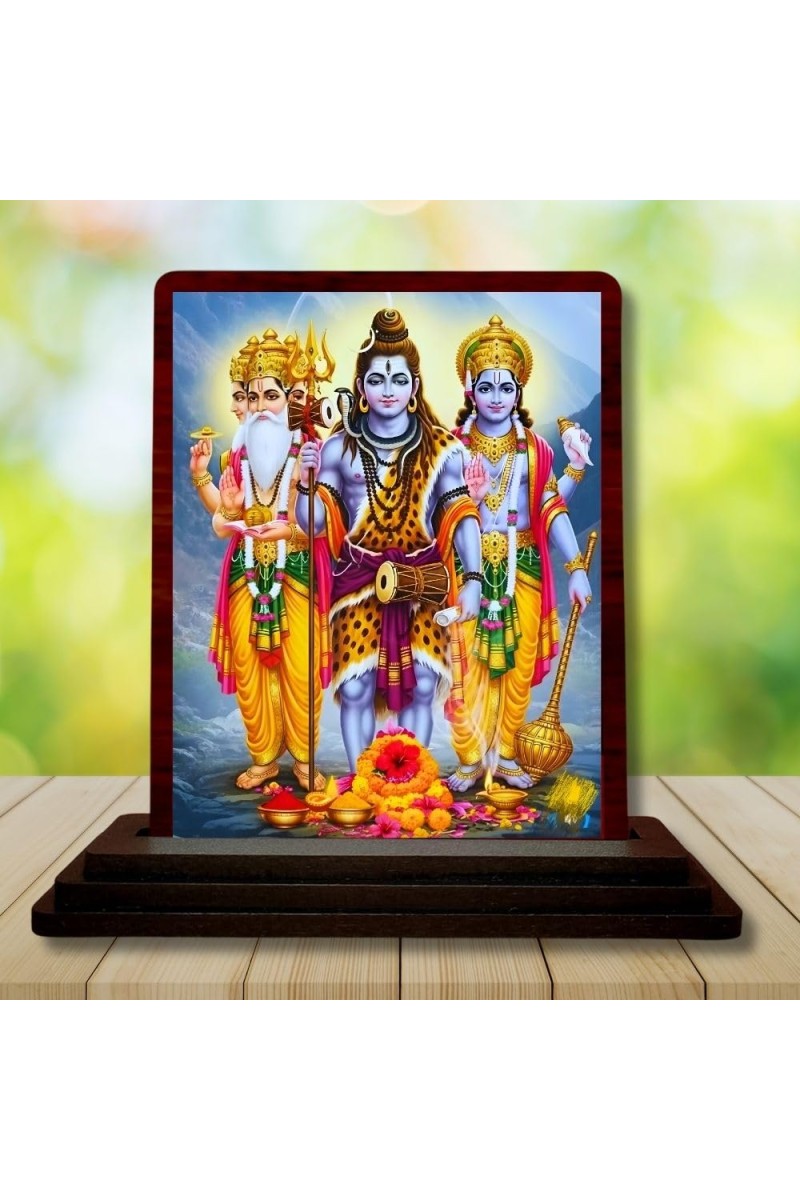 Car Desk/Table Top Bramha Shiva Vishnu Wooden Photo Stand 3x4 Inches, Compact & Stylish Spiritual Display For Car, Home & Office (Pack Of 1) (F14144)