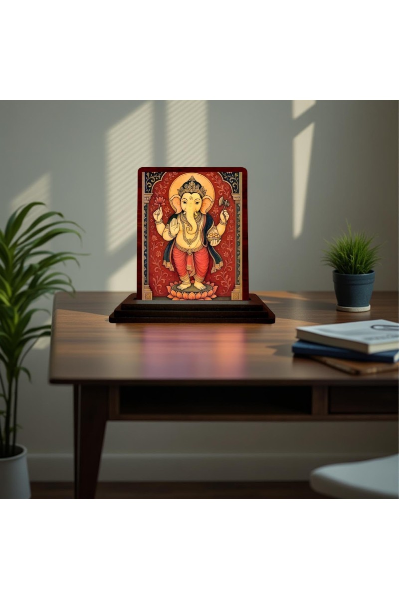Car Desk/Table Top Lord Ganesha Wooden Photo Stand 3x4 Inches, Compact & Stylish Spiritual Display For Car, Home & Office (Pack Of 1) (F15164)