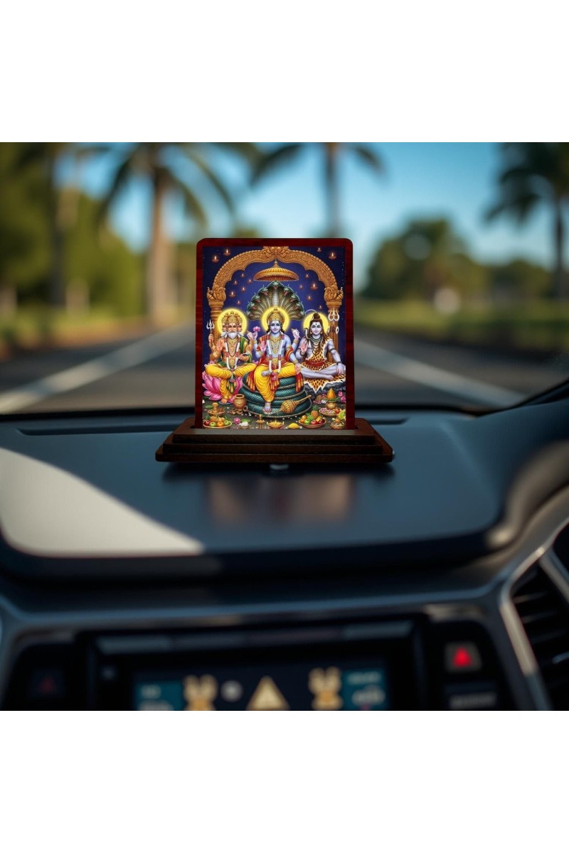 Car Desk/Table Top Lord Bramha Vishnu Shiva Wooden Photo Stand 3x4 Inches, Compact & Stylish Spiritual Display For Car, Home & Office (Pack Of 1) (F14240)