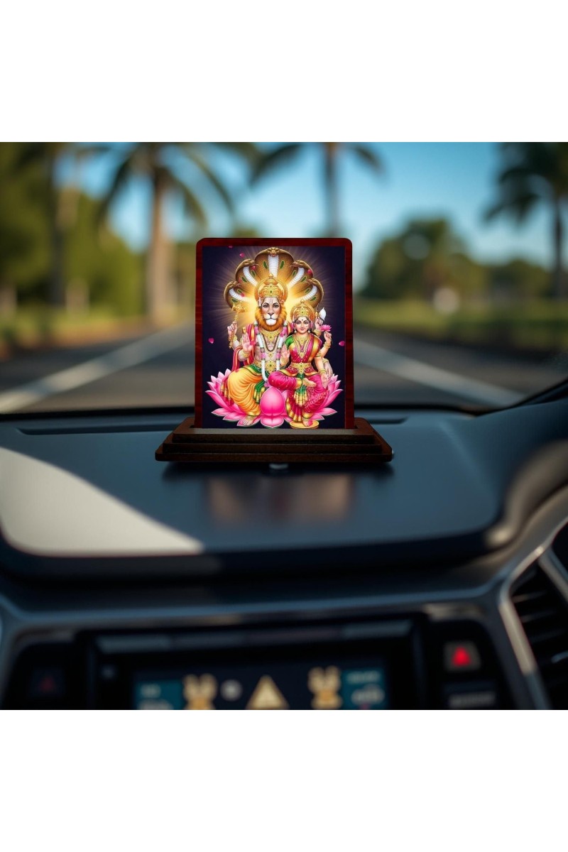 Car Desk/Table Top Lakshmi Narasimha Wooden Photo Stand 3x4 Inches, Compact & Stylish Spiritual Display For Car, Home & Office (Pack Of 1) (F14554)