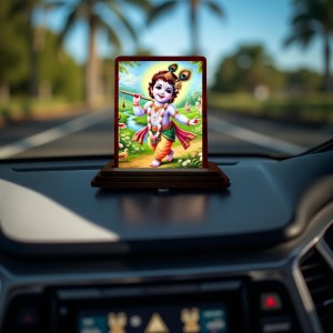 Car Desk/Table Top Lord Krishna Wooden Photo Stand 3x4 Inches, Compact & Stylish Spiritual Display For Car, Home & Office (Pack Of 1) (F14475)