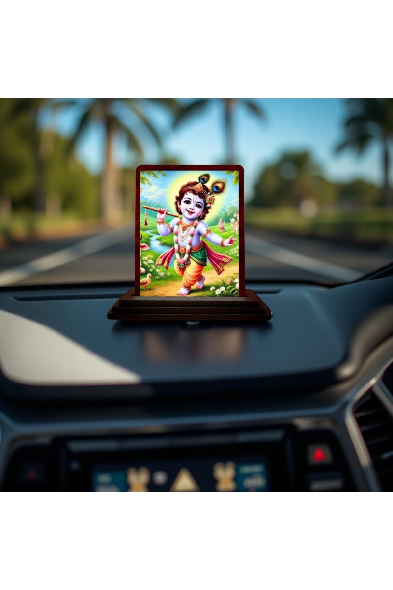 Car Desk/Table Top Lord Krishna Wooden Photo Stand 3x4 Inches, Compact & Stylish Spiritual Display For Car, Home & Office (Pack Of 1) (F14475)