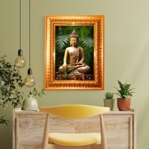 Lordb Buddha Golden Designer Photo Frame | 10x14 Inch Religious Wall Hanging Frame For Home & Office Decoration | Hindu Deity Lordb Buddha Spiritual Gift Item