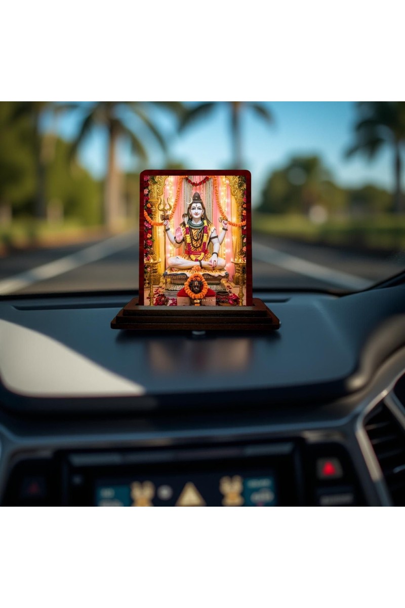 Car Desk/Table Top Lord Shiva Wooden Photo Stand 3x4 Inches, Compact & Stylish Spiritual Display For Car, Home & Office (Pack Of 1) (F14312)
