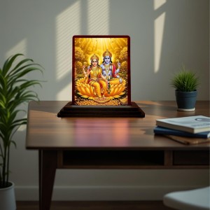Car Desk/Table Top Lord Vishu Laxmi Wooden Photo Stand 3x4 Inches, Compact & Stylish Spiritual Display For Car, Home & Office (Pack Of 1) (F15117)
