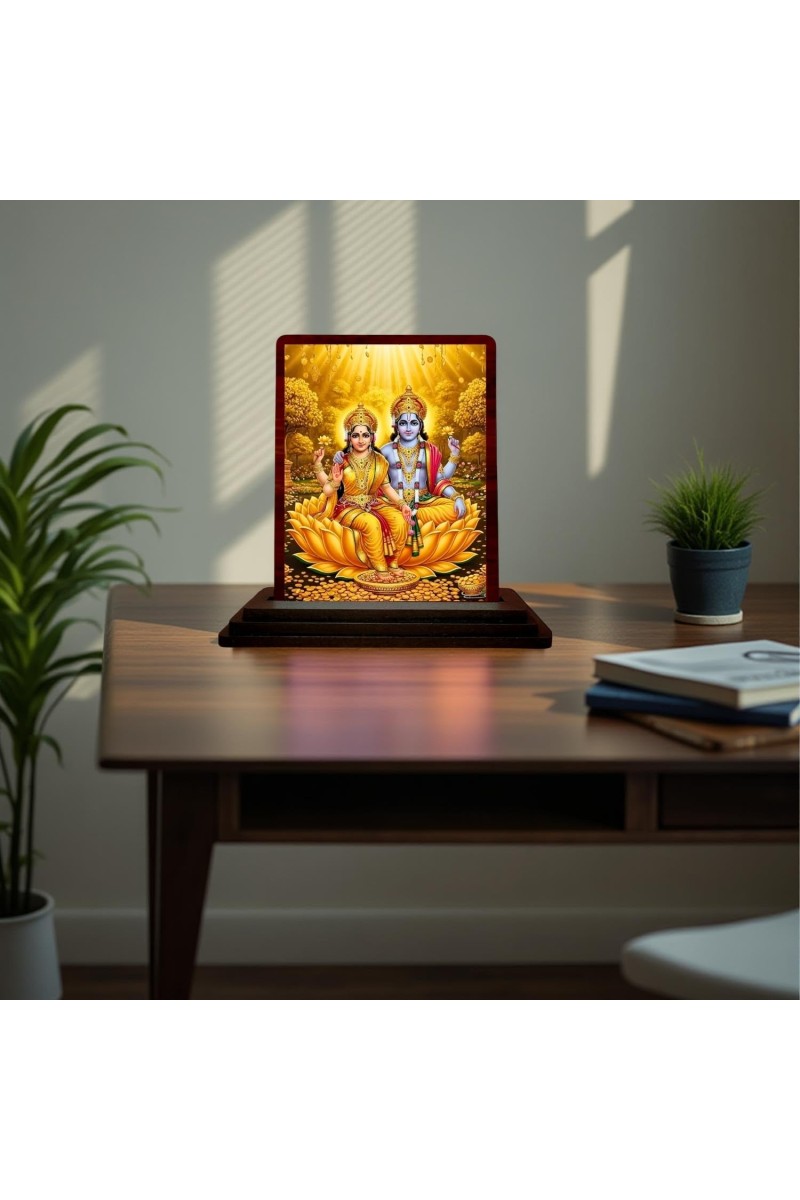 Car Desk/Table Top Lord Vishu Laxmi Wooden Photo Stand 3x4 Inches, Compact & Stylish Spiritual Display For Car, Home & Office (Pack Of 1) (F15117)