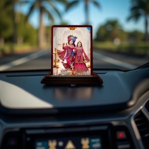Car Desk/Table Top Radha Krishna Wooden Photo Stand 3x4 Inches, Compact & Stylish Spiritual Display For Car, Home & Office (Pack Of 1) (F14222)