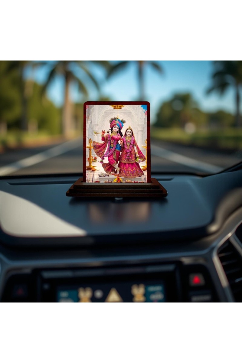 Car Desk/Table Top Radha Krishna Wooden Photo Stand 3x4 Inches, Compact & Stylish Spiritual Display For Car, Home & Office (Pack Of 1) (F14222)